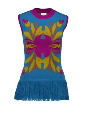 Paula Tina Mykonos Blue Jacquard Tank Top with Fringes