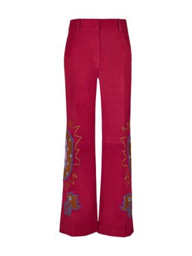 Paula Alice Red Dahlia Embroidered Wide-Leg Suede Pants