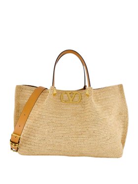 Valentino Garavani Natural and Saddle Brown Medium Straw Tote