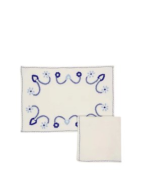House of Capricorn Hand-Embroidered Viana White Linen with Blue Embroidery Placemat and Napkin Set