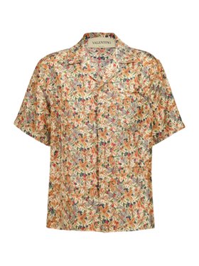 Valentino Garavani Beige Bowling Shirt in Silk with Papier Floral Print