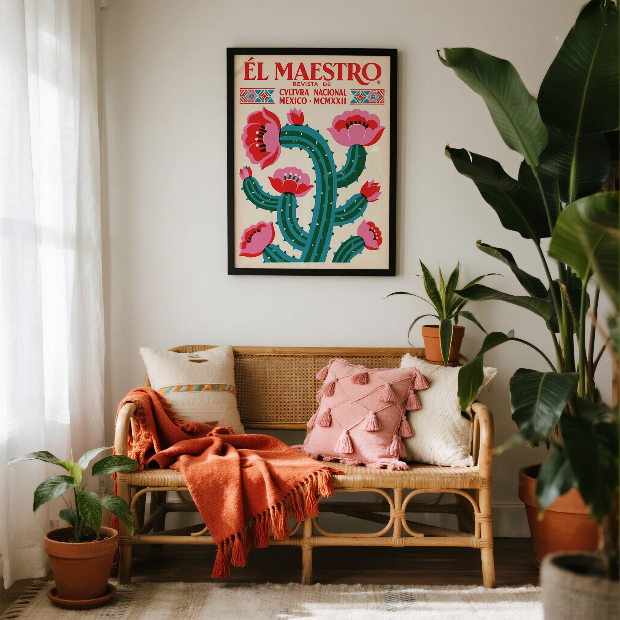 Vintage Mexican Wall Art Cactus Print with Flowers | Retro Mexico Poster Inspired by 1920s Design | Boho Living Room, Bedroom or Entryway