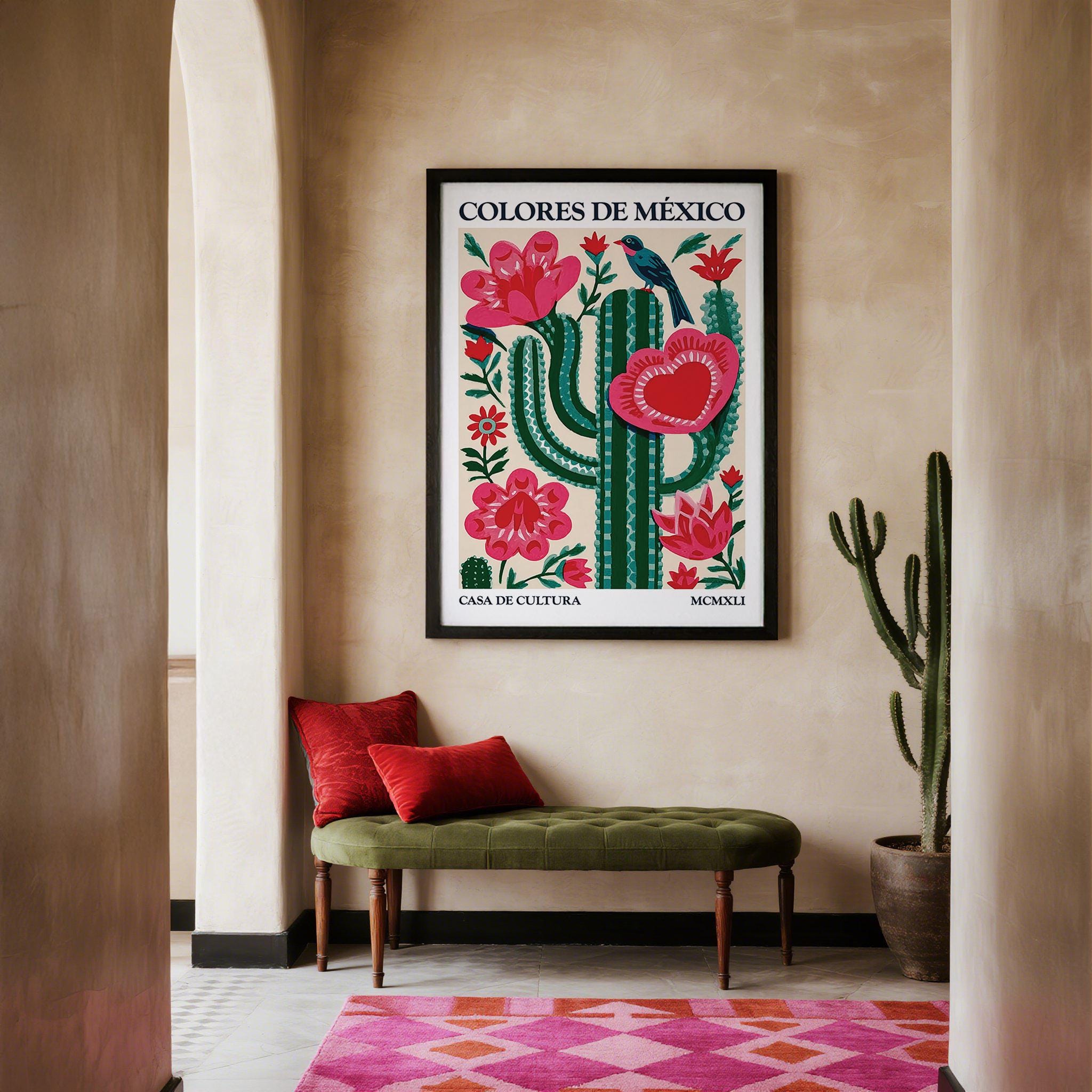 Mexican Folk Art Cactus | Colorful Desert Poster with Bird and Floral Design | Bold Mexican Wall Art for Boho and Eclectic Interiors