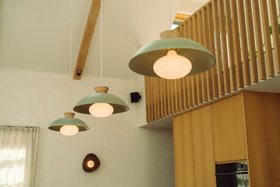 Green Dawn Pendant Light in Ceramic and Oak