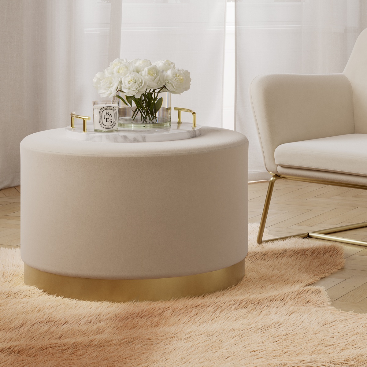 Kara Large Pouffe - Cream Velvet & Brushed Gold