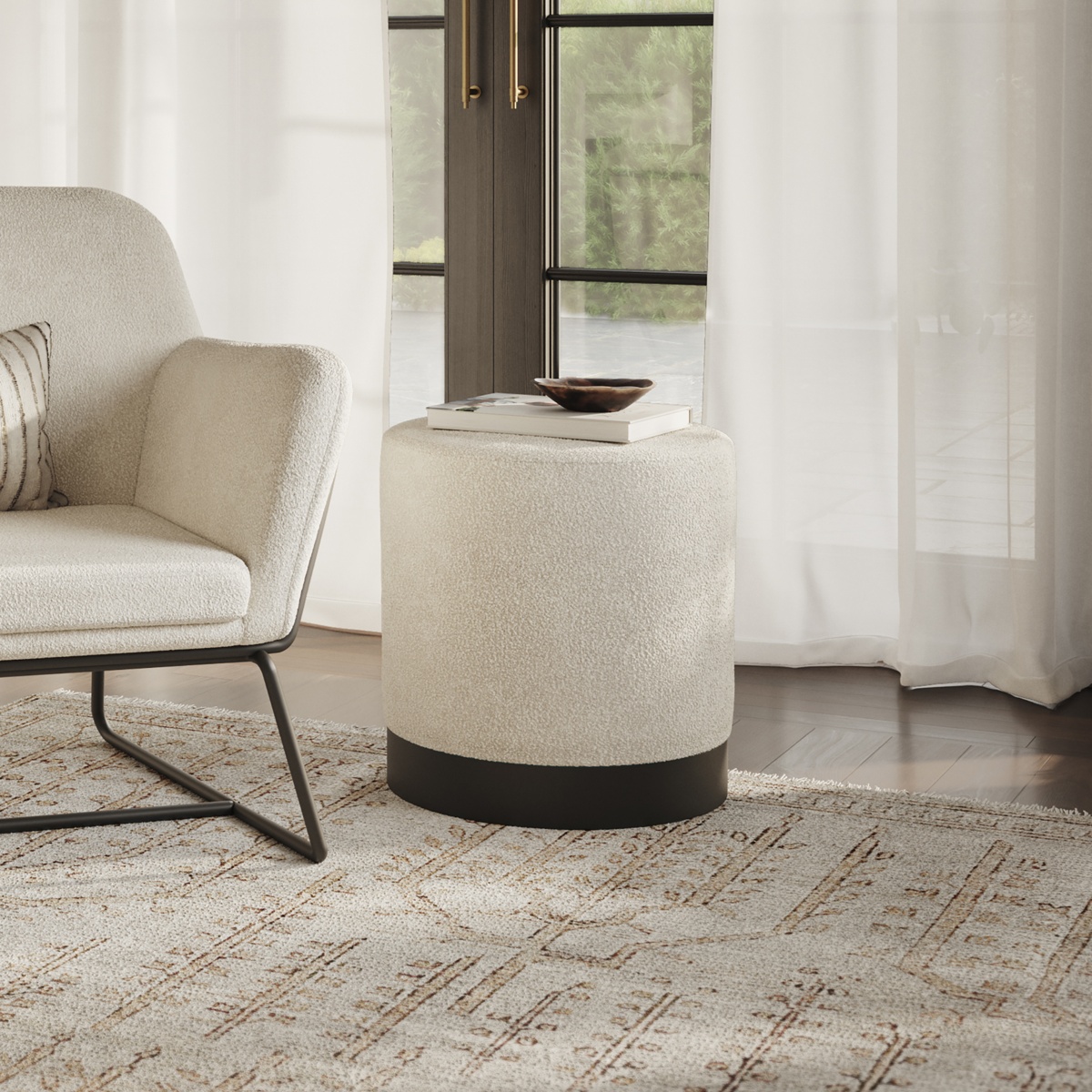 Kara Small Pouffe - Ivory Boucle & Matte Black
