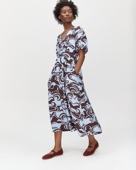 Chocolate Brown & Blue Horse Print V-Neck Midi Dress  #modelimage