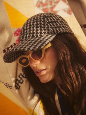 Brown Houndstooth Wool Blend Cherry Motif Cap Hat