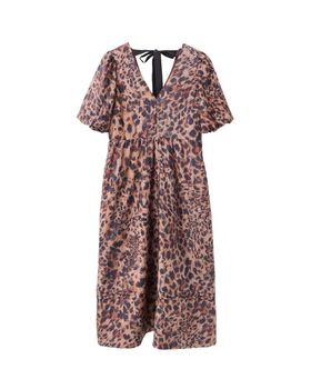 Brown Animal Print V-Neck Puff Sleeve Midi Dress