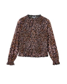 Brown Animal Print Shirred Mesh Top