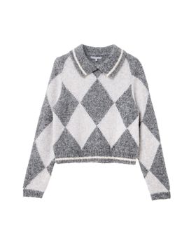 Grey Diamond Sequin Collared Knitted Jumper