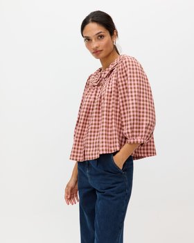 Brown & Pink Gingham Button Up Collar Blouse