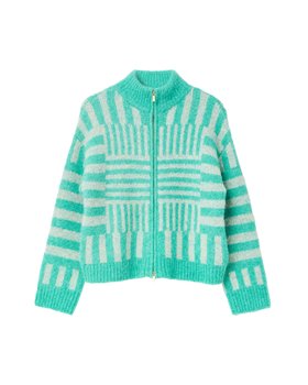Green Geometric Zip Up Knitted Bomber Jacket