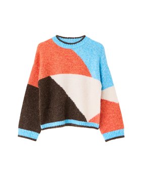 Brown & Orange Geometric Crew Neck Knitted Jumper