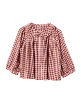 Brown & Pink Gingham Button Up Collar Blouse