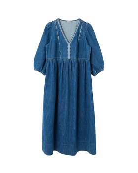Blue Denim Embroidered V-Neck Midi Dress