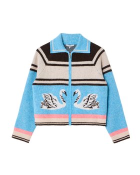 Striped Swan Zip Up Collared Knitted Bomber Jacket