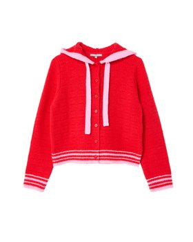 Red & Pink Hooded Knitted Cardigan