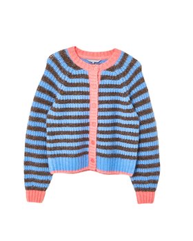 Blue & Brown Striped Crew Neck Knitted Cardigan