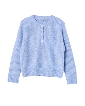Blue Ribbed Button Detail Crew Neck Knitted Jumper