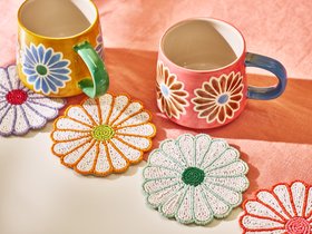 Multicoloured Flower Beaded Coasters & Pink & Brown Flower Ceramic Mug