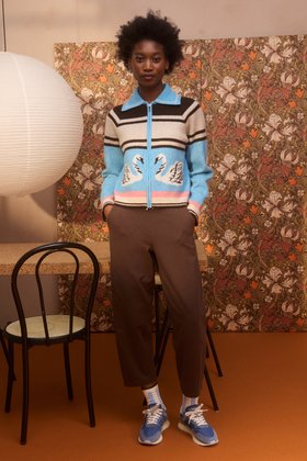 Striped Swan Zip Up Collared Knitted Bomber Jacket #modelimages