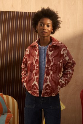 Rust & Cream Floral Collar Wool Blend Jacket #modelimages