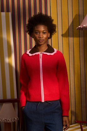 Red Scalloped Collar Zip Up Knitted Bomber Jacket #modelimages