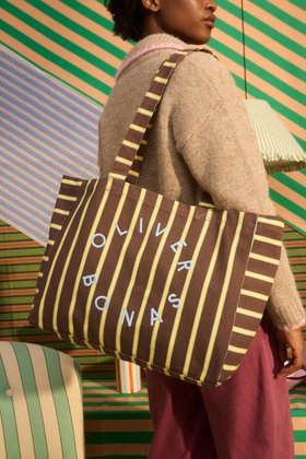 Chocolate Brown & Yellow Striped Logo Fabric Tote Shopper Bag #modelimages