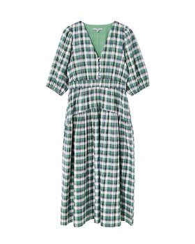 Green Checked V-Neck Puff Sleeve Midi Dress