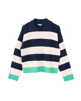 Navy & Cream Striped Collared Knitted Jumper
