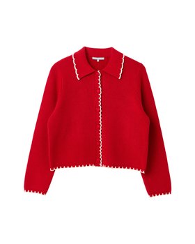 Red & White Blanket Stitch Collared Knitted Cardigan