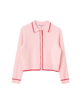 Light Pink & Red Collared Knitted Cardigan