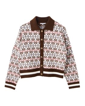 Chocolate Brown House Print Collared Knitted Cardigan