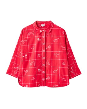 Red & White Embroidered Wide Sleeve Shirt