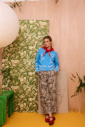 Blue Embroidered Crew Neck Knitted Cardigan