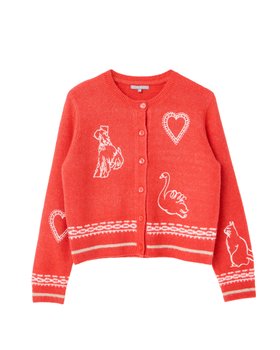 Coral Orange Embroidered Crew Neck Knitted Cardigan