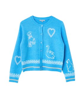 Blue Embroidered Crew Neck Knitted Cardigan