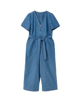 Blue Denim Gingham Cropped Wide Leg Jumpsuit