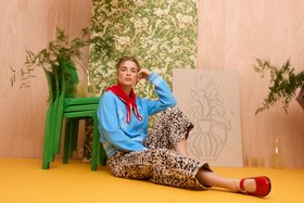 Blue Embroidered Crew Neck Knitted Cardigan