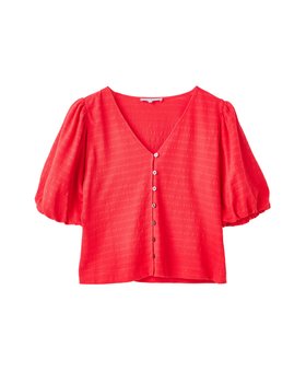 Red Textured Button Up Puff Sleeve Top
