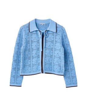 Blue Collared Tie Front Crochet Cardigan