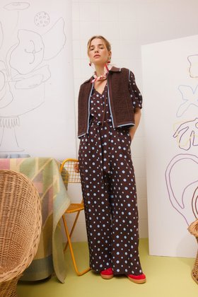 Chocolate Brown & Blue Polka Dot Tie Waist Jumpsuit #modelimages