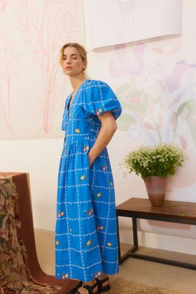 Cobalt Blue & White Embroidered Puff Sleeve Midi Dress #modelaimages