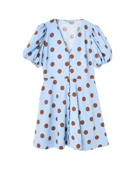 Light Blue & Brown Polka Dot Linen Blend Mini Dress
