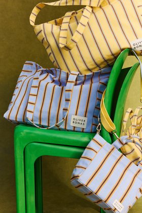 Yellow & Blue Striped Logo Fabric Tote Shopper Bag