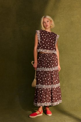 Chocolate Brown Polka Dot Scalloped Cutwork Midi Skirt