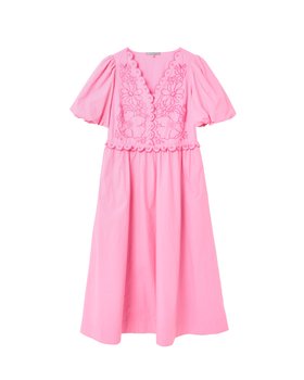 Pink Embriodered Puff Sleeve Midi Dress
