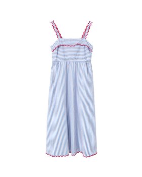 White & Blue Striped Scalloped Strappy Midi Dress