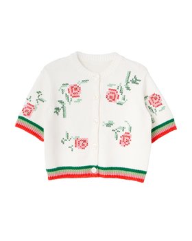 White Floral Cross Stitch Short Sleeve Cardigan